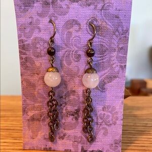 Handmade Bronze and Rose Quartz Dangle Earrings